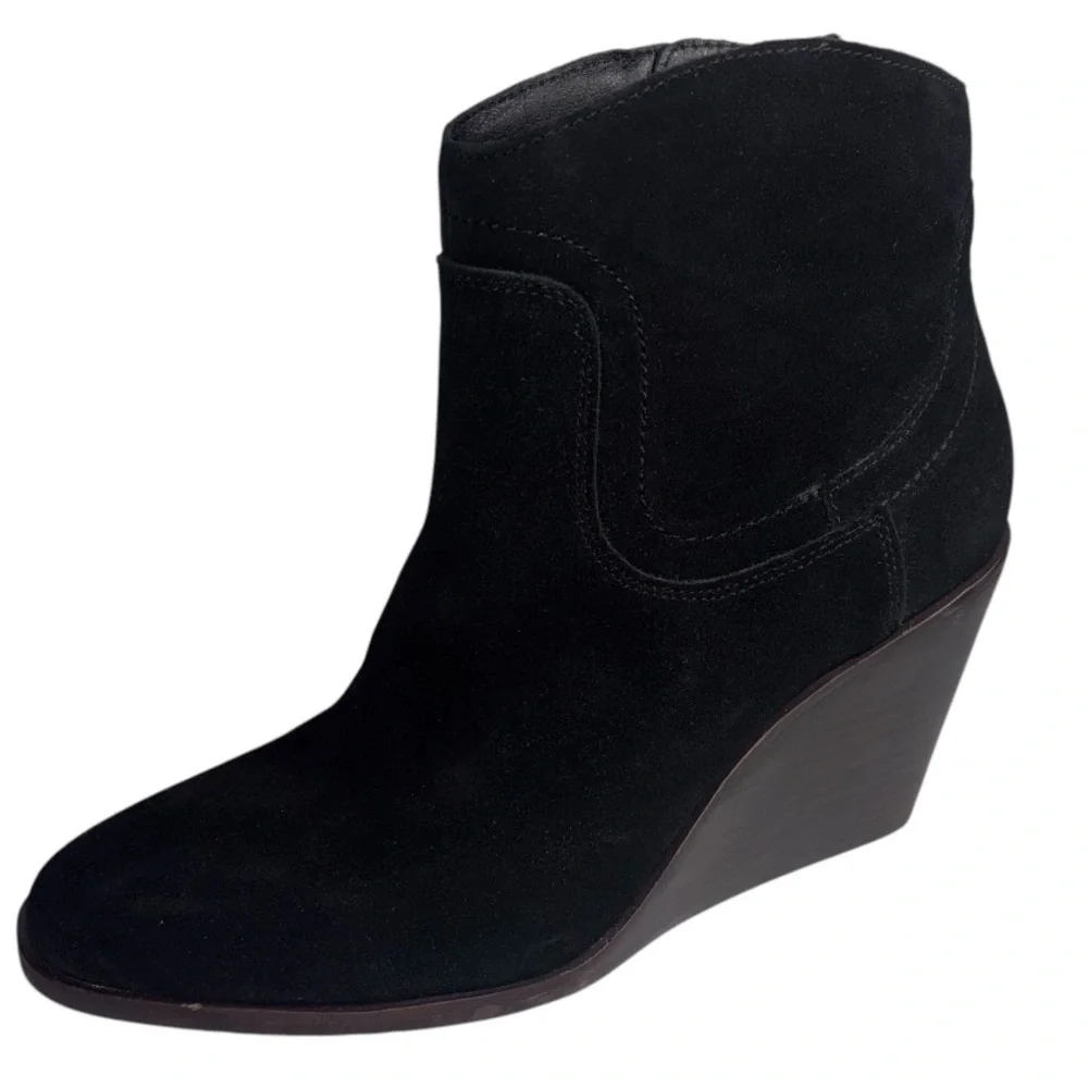 Lucky Brand Black Suede Leather Ankle Boot Wedge Heel Women’s 9.5 Style Wadier